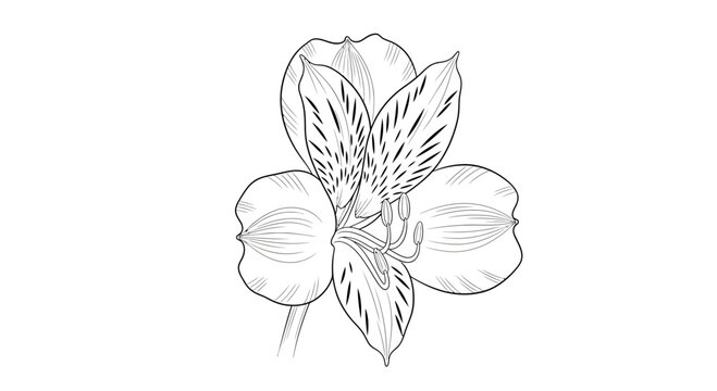 Detailed black and white line drawing of an Alstroemeria flower, showcasing its intricate petals, stamens, and speckled patterns in a botanical illustration style.