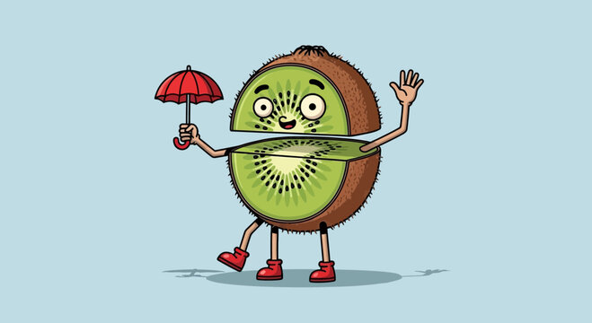 A whimsical cartoon kiwi fruit character, split in half, holding a tiny red umbrella and waving, standing on a light blue background.