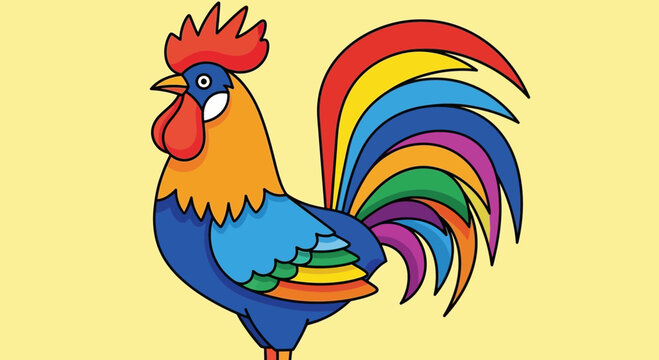 Vibrant cartoon rooster with a rainbow tail and colorful plumage standing proudly against a plain yellow background.