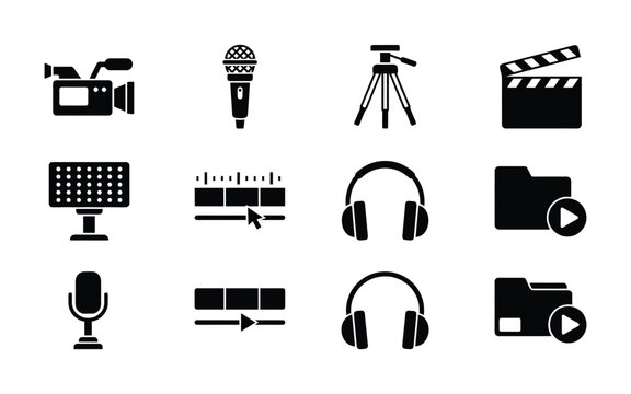 Production and multimedia editing equipment icons including camera microphone and playback tools