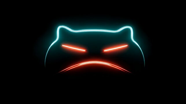 Minimalist neon glowing grumpy cat face outline with red and blue lights on dark background for futuristic meme overlays
