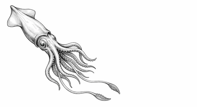 Giant squid swimming with extended feeding tentacles and suckers. Detailed monochrome pencil and ink sketch with right copy space.
