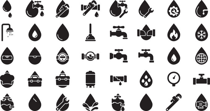 Plumbing Water Drop Vector Pack Black Line Graphic Icons