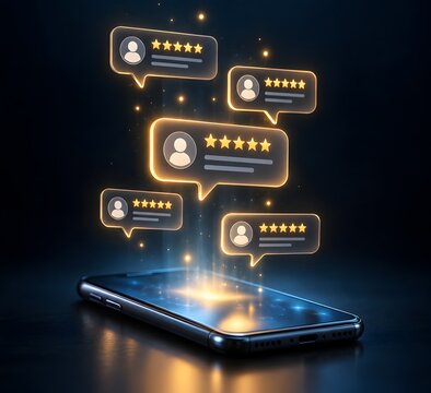 Smartphone with glowing five-star user reviews and digital feedback icons for business quality and customer satisfaction