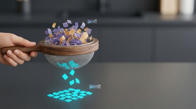 Person holding a bowl of chips to visualize information overload with a realistic fine-mesh spice sifter