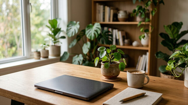 A modern home office with a closed laptop coffee notebook and a small plant on a wooden desk