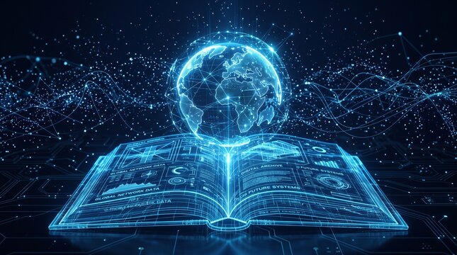 Illuminated digital open book projecting a holographic Earth, symbolizing the boundless future of global knowledge, information access, and technological learning