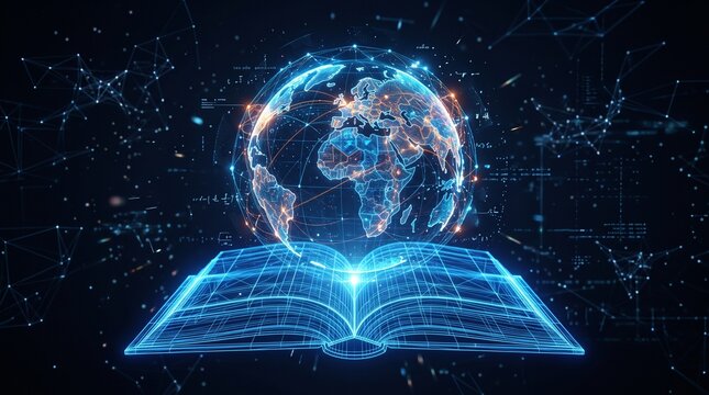 Digital holographic book and globe representing global education technology and internet connectivity in a dark cyber space network background