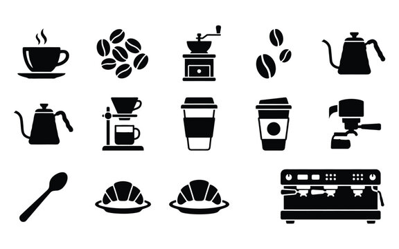 Set of coffee shop and cafe icons featuring brewing equipment and beverages