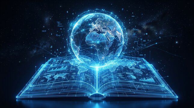 Futuristic digital book with a glowing Earth sphere symbolizing global knowledge and advanced technology for education and information access