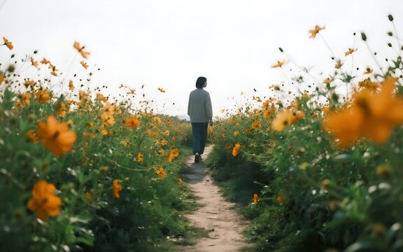 Person walking along a narrow dirt path through a field of vibrant orange cosmos flowers.