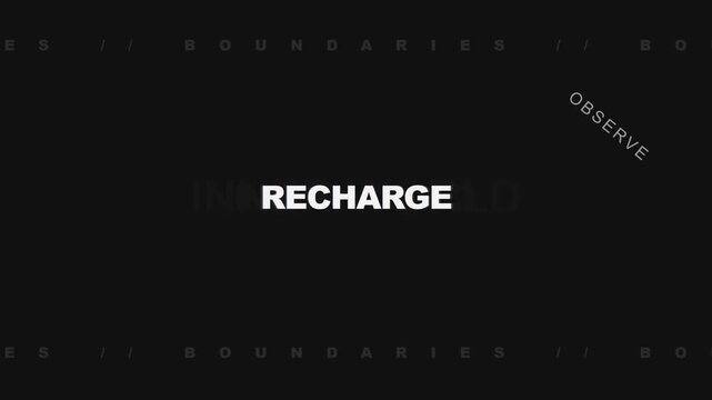 A conceptual kinetic typography animation illustrating introversion through motion. Features inward pulling text, peripheral observation, and protective boundaries.