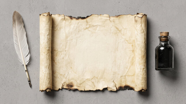 Ancient rolled parchment scroll with burnt edges alongside a feather quill pen and ink bottle on a rustic grey surface, flat lay composition for historical writing or message concepts