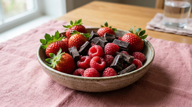 Bowl of fresh ripe red strawberries raspberries and dark chocolate chunks sitting on a pink napkin on a wooden table
