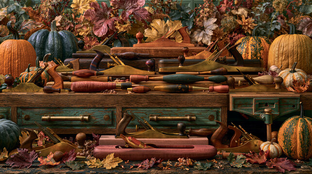 Vintage woodworking hand planes and chisels arranged neatly on rustic workbench surrounded by autumn foliage
