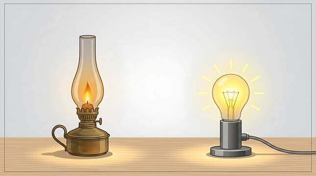 Vintage Oil Lamp and Modern Electric Lightbulb