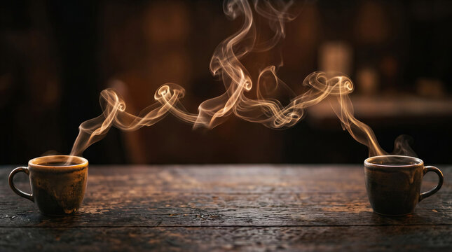 Steam from two coffee cups meeting in the air like a conversation