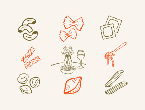 Italian Pasta Shapes Hand Drawn Doodle Set with Traditional Noodles, Ravioli, Macaroni, Spaghetti, and Culinary Food Illustrations