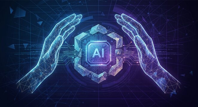 Abstract digital AI chip between human tech wireframe palms. Artificial intelligence technology background. Protection of semiconductor or microchip. Low poly wireframe vector illustratio