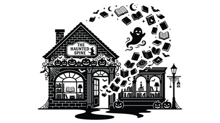Obraz premium Spooky haunted bookstore vector illustration featuring floating books and friendly ghost silhouettes on white background