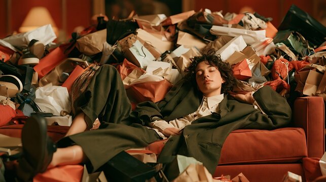 Humor lighthearted and relatable humorous Black Friday concept, person collapsed dramatically on sofa surrounded by mountain of shopping bags from all sides, shoes off, coat still on, expression 