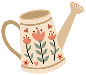 Illustration of a vintage-style beige watering can decorated with a charming, rustic red and green  floral pattern, on a transparent background. © Anita Permatawaty