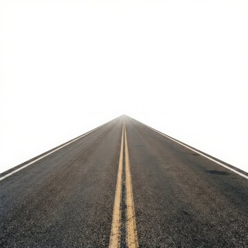 Straight asphalt road with double yellow lines stretching into the distance isolated on white background asphalt texture road marking way forward leading lines vanishing point road trip