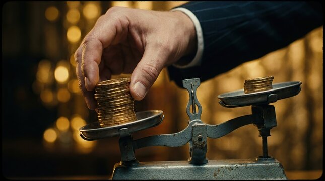 Man weighing gold coins on an antique balance scale symbolizing wealth and finance