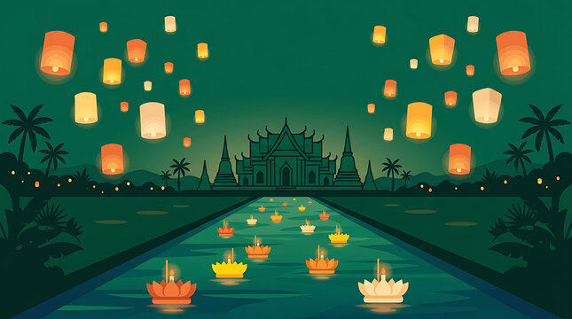 Traditional celebration with floating lanterns and temple view