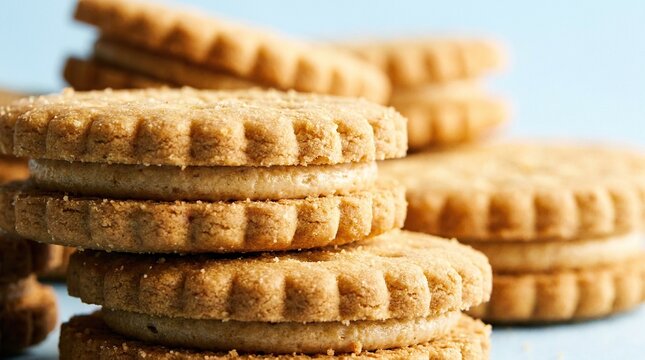 Close up of stacked shortbread cookies with cream filling on a light blue background