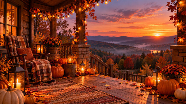 Cozy cabin porch Halloween background