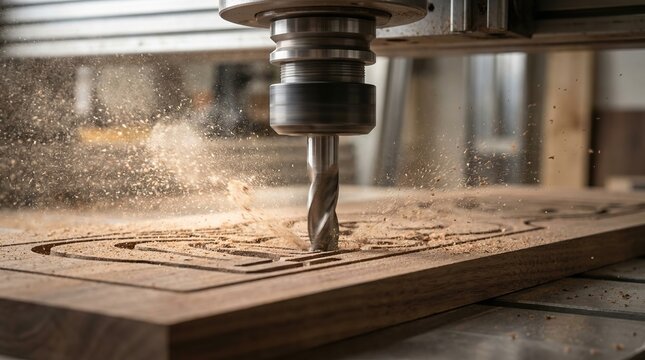 CNC machine carving intricate design into wooden board with sawdust flying