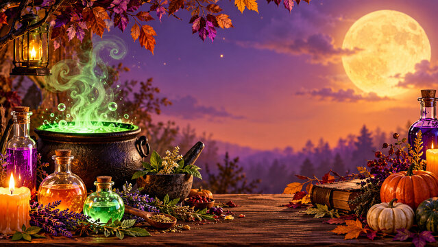 Colorful potion bottles Halloween background