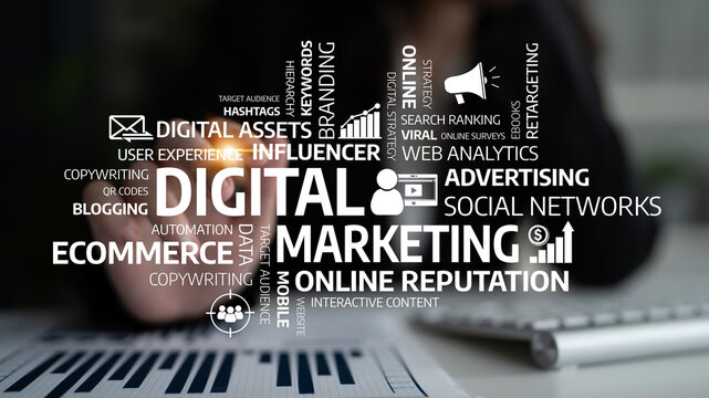 This image illustrates various key concepts in digital marketing, emphasizing strategies for advertising, branding, and audience engagement across social media platforms. Tessel