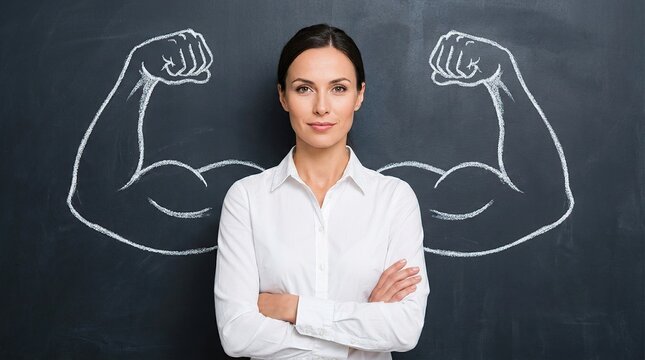 Confident businesswoman with chalk drawing of strong arms on blackboard