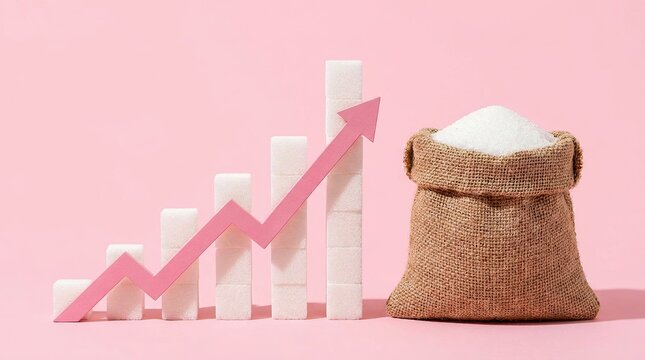 Sugar price increase concept with rising graph made of sugar cubes and a sack of sugar