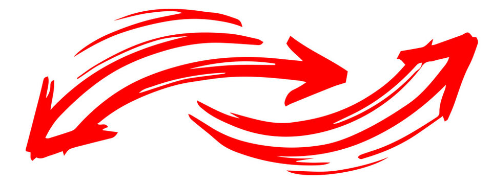Red hand drawn curved opposing arrows pointing left right exchange swap bidirectional movement illustration transparent background