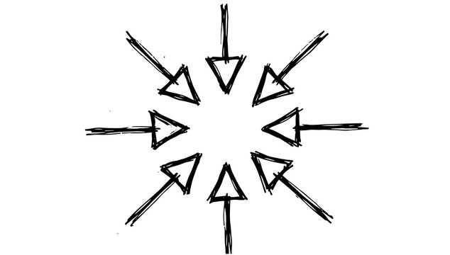 Black Hand Drawn Arrows Pointing Inwards Doodle Set Sketchy Directional Symbols for Focus, Target, and Teamwork Concepts