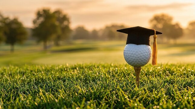 Golf ball with graduation cap on tee in green grass at sunrise