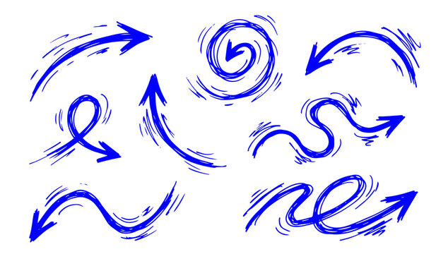 Blue Hand Drawn Swirl Arrows Collection Grunge Brush Doodle Directional Symbols for Motion, Flow, and Creative Design Projects