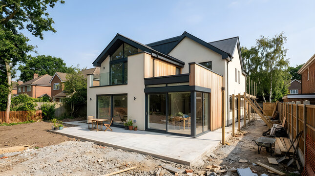 Modern house extension under construction with large glass windows and wooden cladding