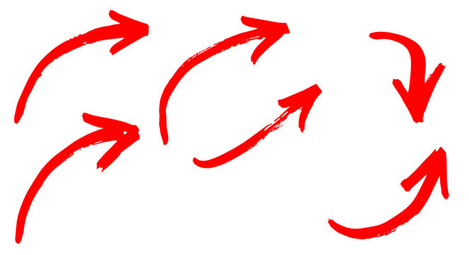 Red hand drawn curved arrow set featuring directional pointers on isolated transparent background