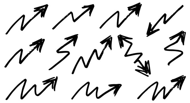 Black hand drawn zigzag arrow set depicting growth trends on isolated transparent background