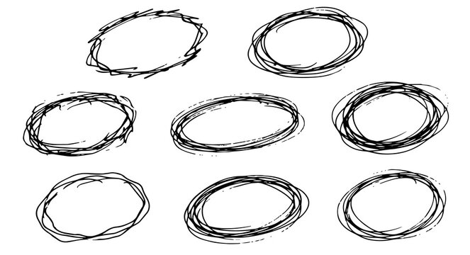 Black hand drawn scribble circle set for highlighting text on transparent PNG background