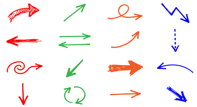 Colorful hand drawn arrow set featuring doodle directional pointers on transparent background