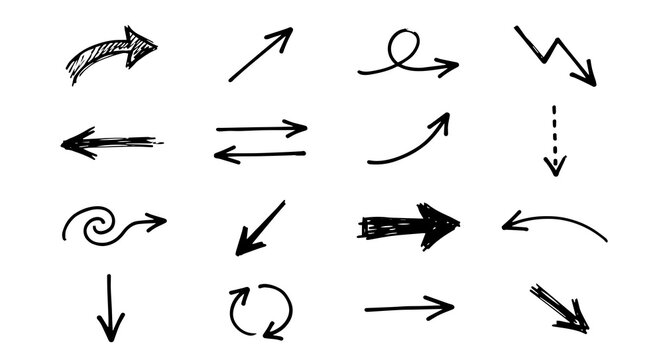 Black hand drawn arrow collection with doodle pointers isolated on transparent PNG background