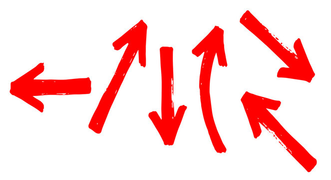 Red hand drawn brush stroke arrow set pointing in various directions on transparent background