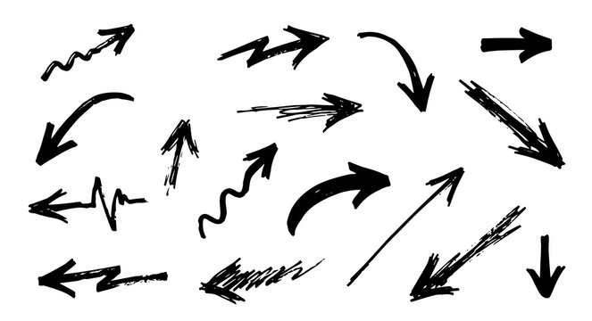 Hand Drawn Black Grunge Arrow Set Isolated on Transparent Background PNG PNGs Graphic Elements