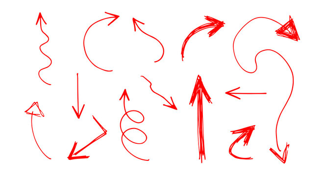 Hand Drawn Red Scribble Arrow Set Isolated on Transparent Background PNG PNGs Graphic Elements