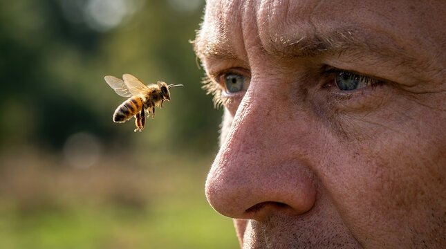 Close up of a honey bee flying towards a man's face in a field